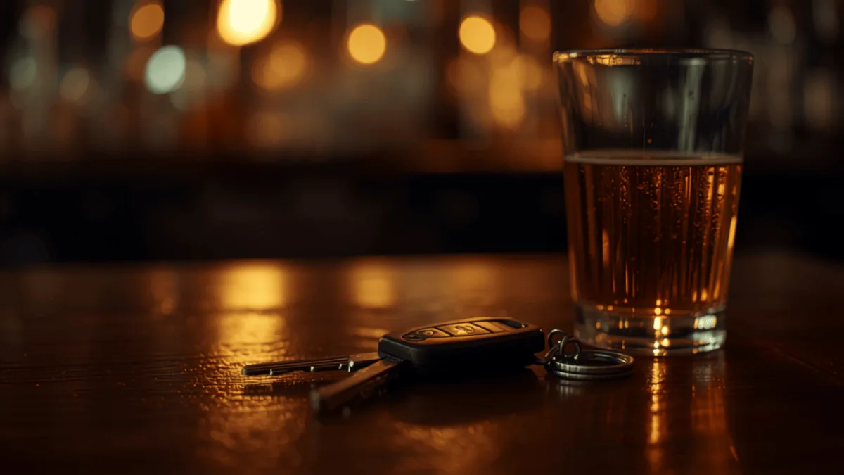 Chiavi dell’auto accanto a un bicchiere di birra su un bancone