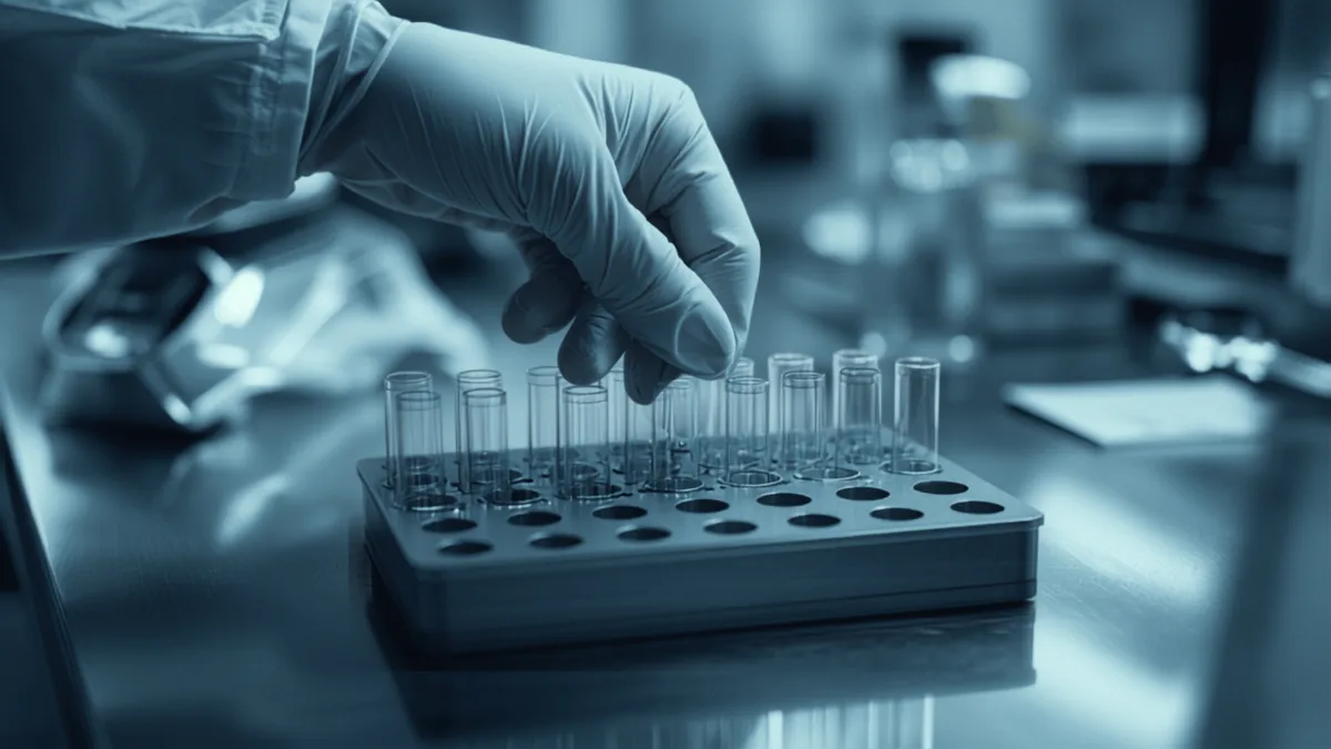 Tecnico di laboratorio che sistema provette di campioni biologici in un portaprovette