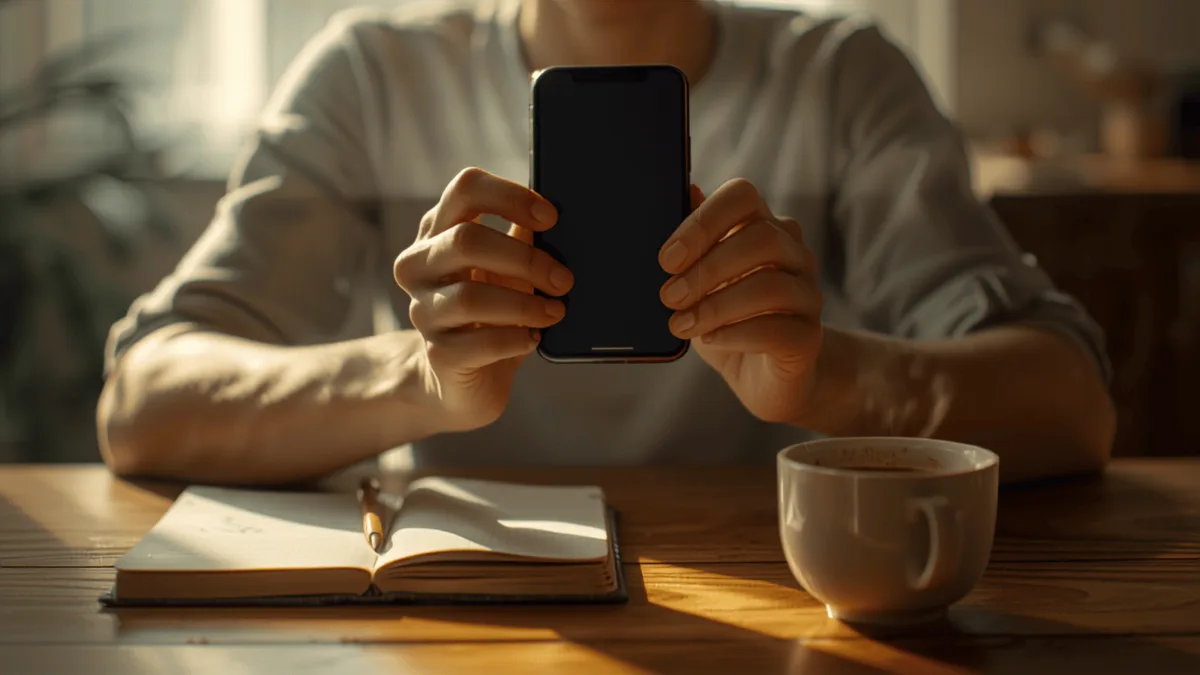 App per i quiz della patente Ragazzo al tavolo di cucina con lo smartphone in mano e un quaderno aperto