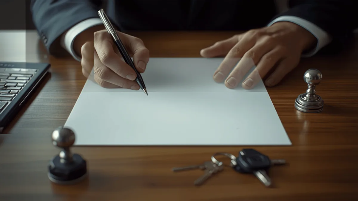Mano che firma un documento su una scrivania accanto a un timbro e alle chiavi dell’auto