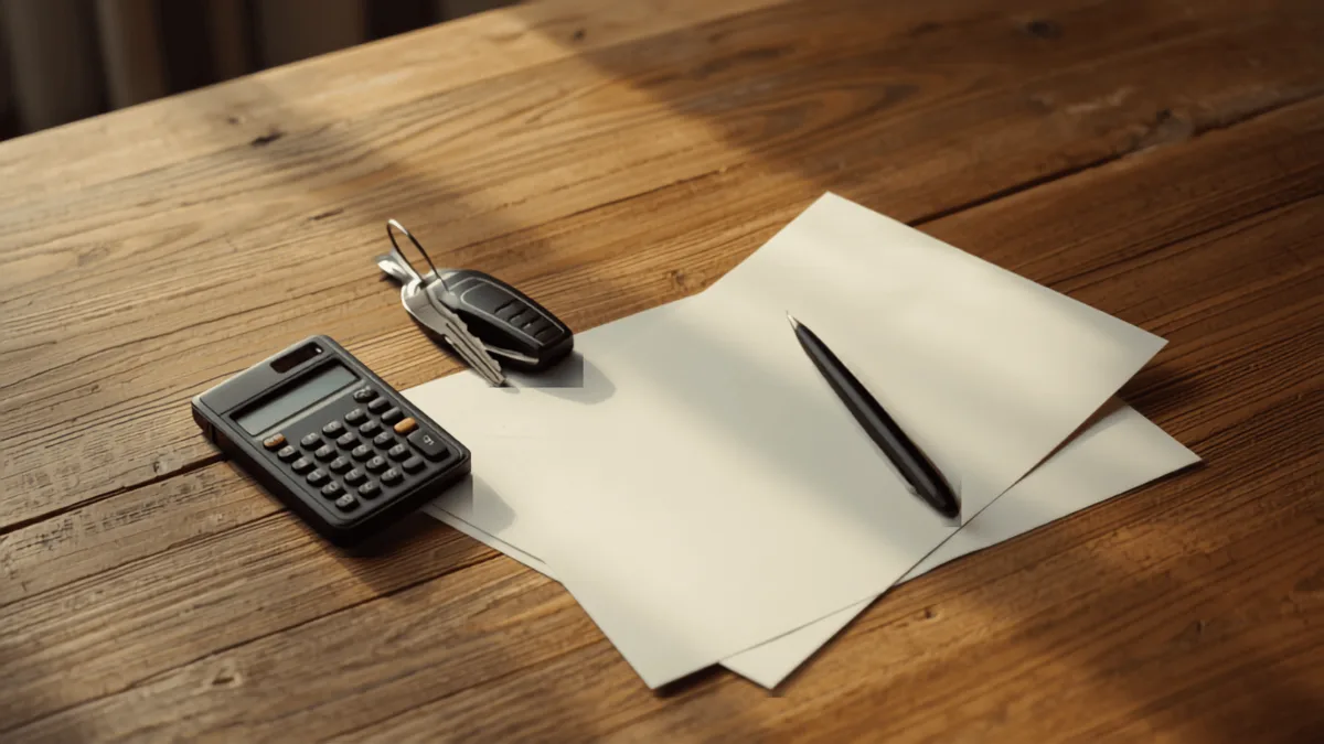 Calcolatrice, chiavi dell’auto e fogli su una scrivania in legno