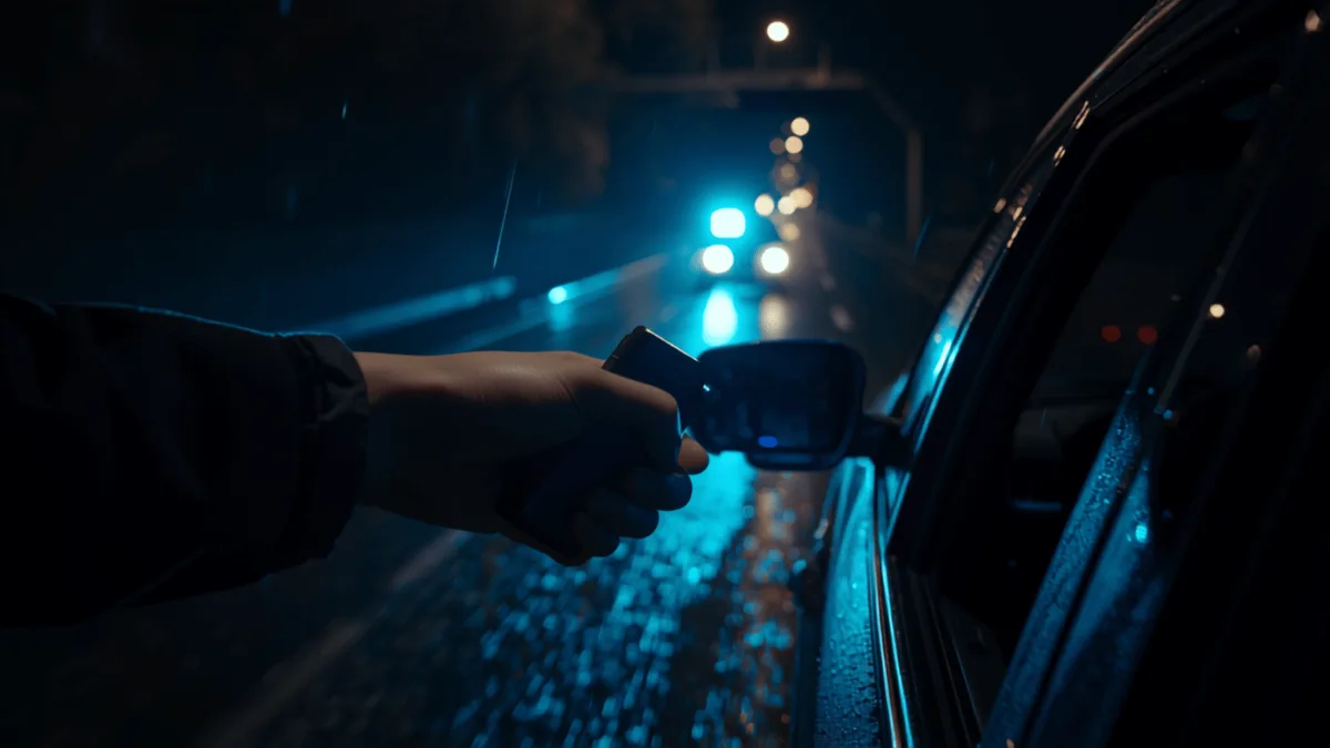 Controllo stradale notturno con etilometro portatile vicino al finestrino di un’auto