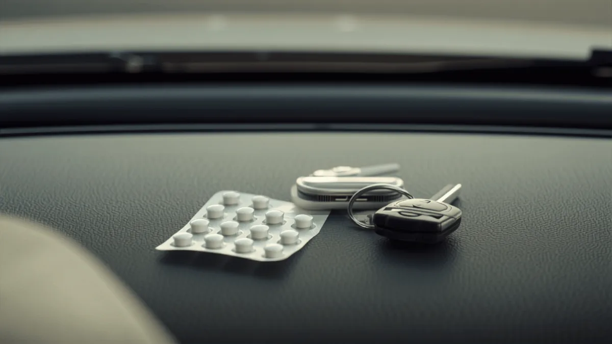 Blister di compresse e chiavi dell’auto appoggiati sul cruscotto