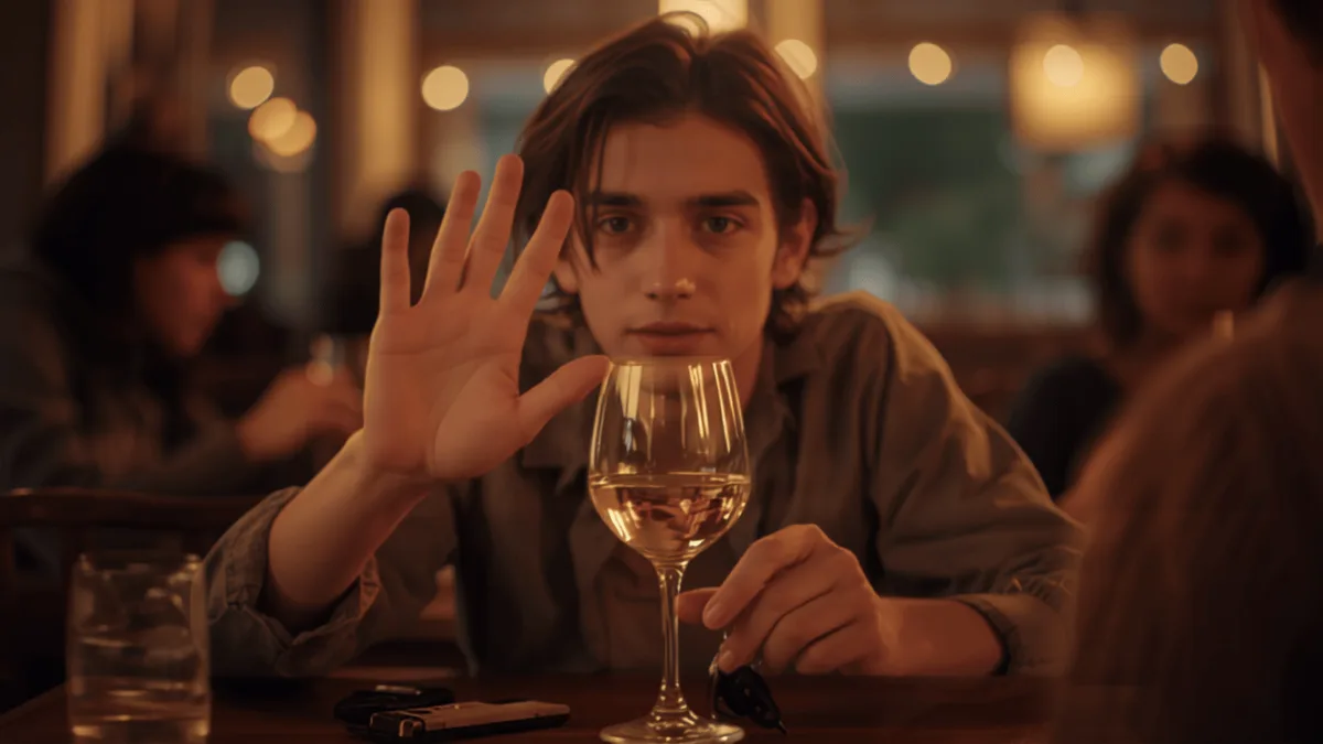 Ragazzo che rifiuta un bicchiere di vino al ristorante tenendo in mano le chiavi dell’auto