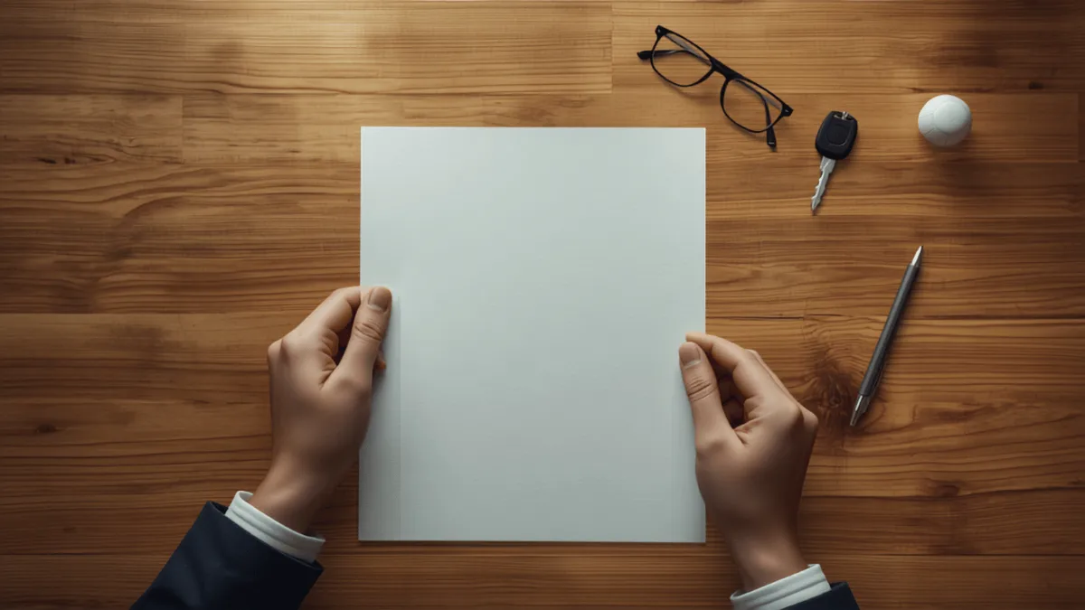 Mani che tengono un documento su una scrivania accanto a occhiali e chiavi dell’auto