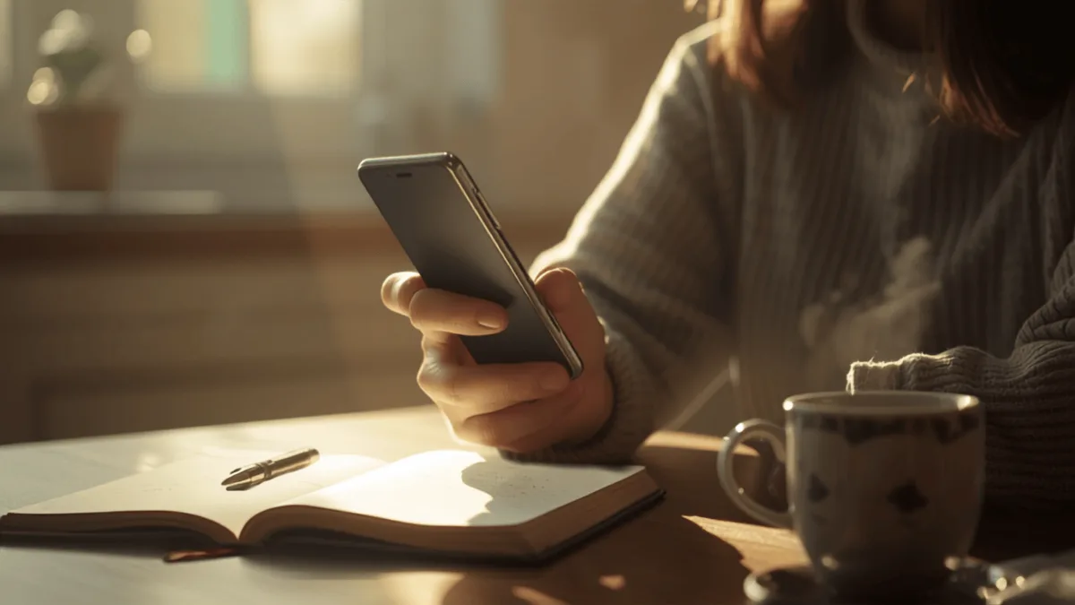 Mani che tengono uno smartphone accanto a un quaderno e una tazza di caffè