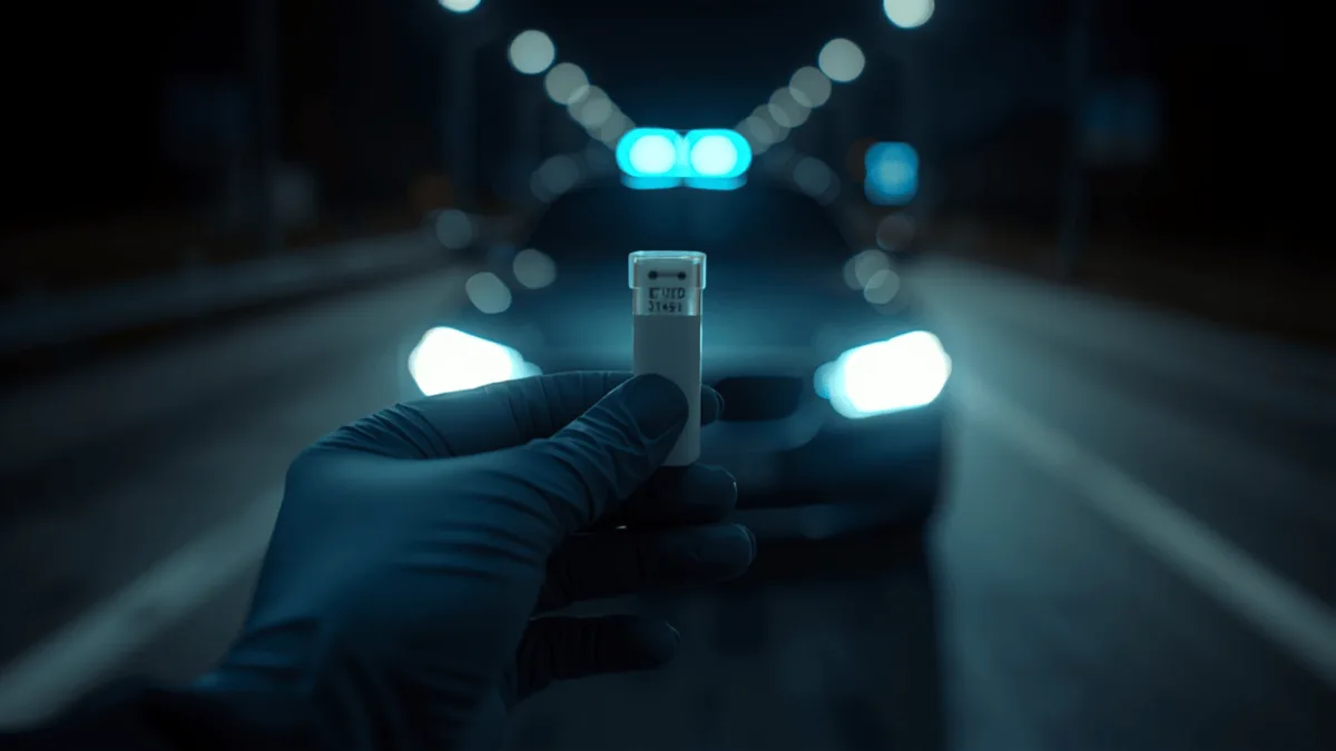 Mano guantata con dispositivo per il test salivare a un controllo stradale notturno