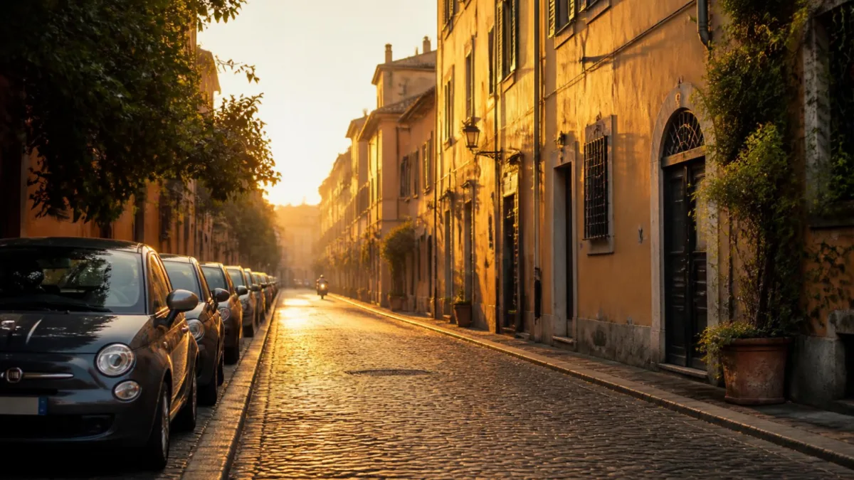 Abolizione bollo auto 2027 Utilitarie parcheggiate in una via residenziale italiana all'alba