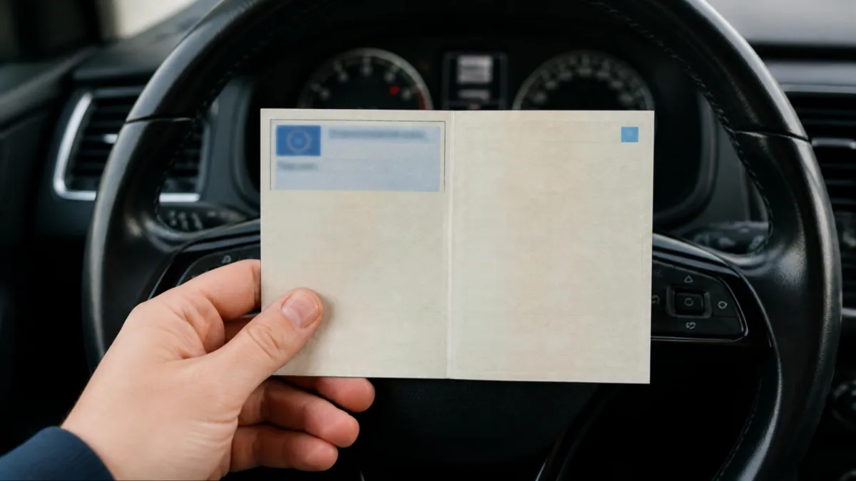 Mano che tiene la carta di circolazione sul volante di un'auto
