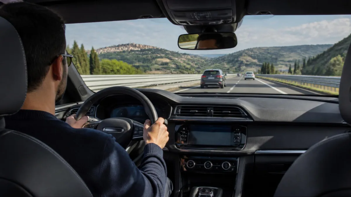 Guida assistita in autostrada Conducente di spalle con le mani sul volante di un'auto moderna in autostrada, cruscotto digitale acceso
