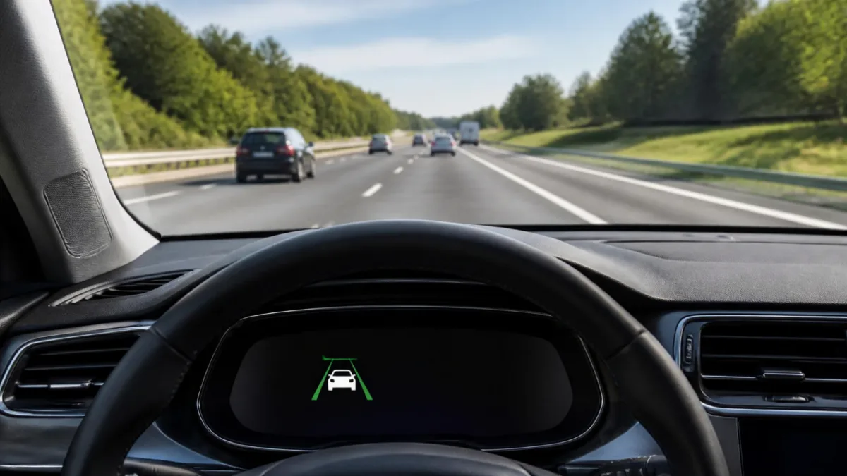 Cruscotto di un'auto moderna con l'indicatore del mantenimento di corsia