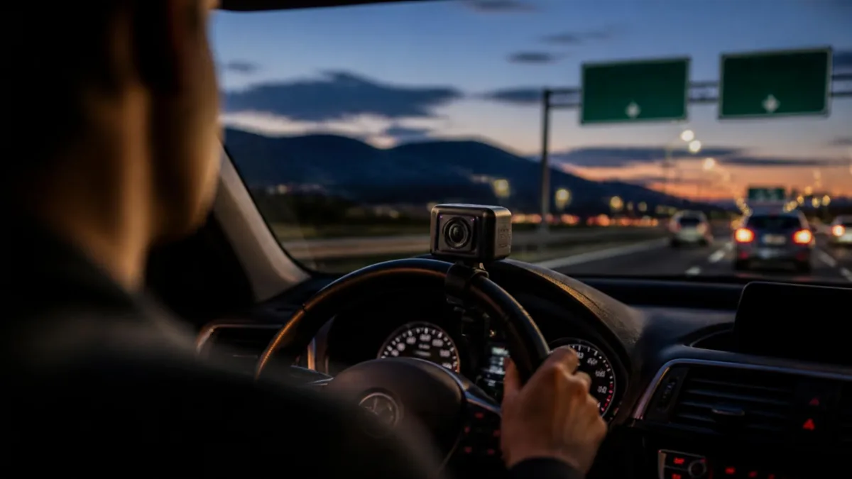 addw-adas-obbligatori-2026-nuove-auto-cover Telecamera di monitoraggio del conducente sul piantone dello sterzo di un'auto nuova