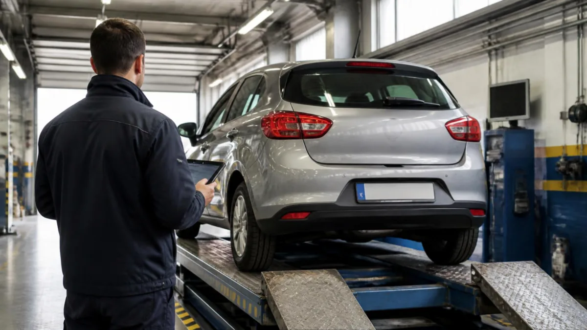 Centro di revisione con tecnico Centro di revisione italiano con un'auto sul ponte e un tecnico che controlla i dati su tablet