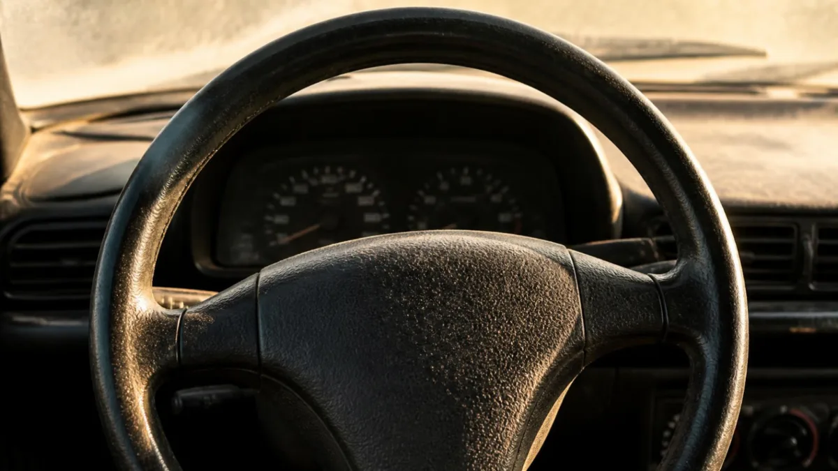 Volante di un'auto con il modulo airbag illuminato dal sole estivo
