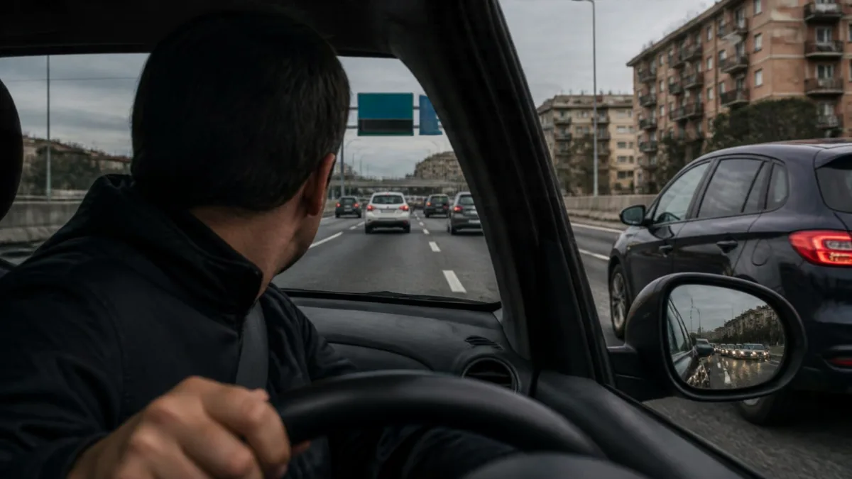 Controllo dell’angolo cieco Conducente di spalle che gira la testa per controllare l'angolo cieco prima di cambiare corsia in tangenziale