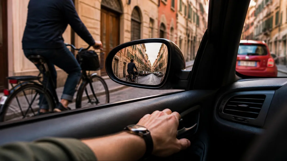 Conducente che apre la portiera con la mano più lontana mentre passa un ciclista