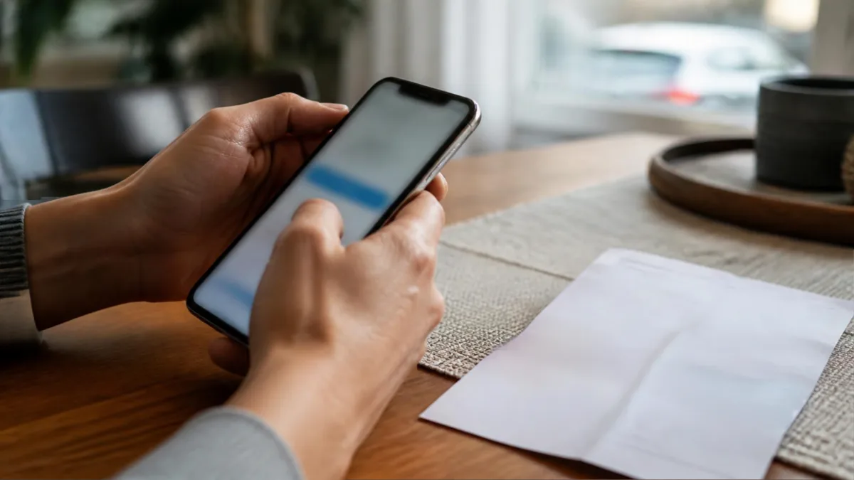 Persona che paga una multa con lo smartphone, con il verbale sul tavolo