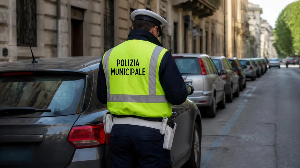 Agente di polizia locale di spalle accanto a un'auto parcheggiata