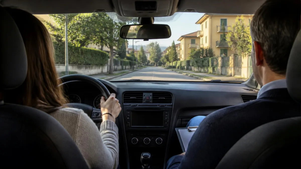 Lezione di guida in autoscuola Allievo e istruttore di spalle in un'auto di autoscuola, visti dal sedile posteriore, in una via di periferia