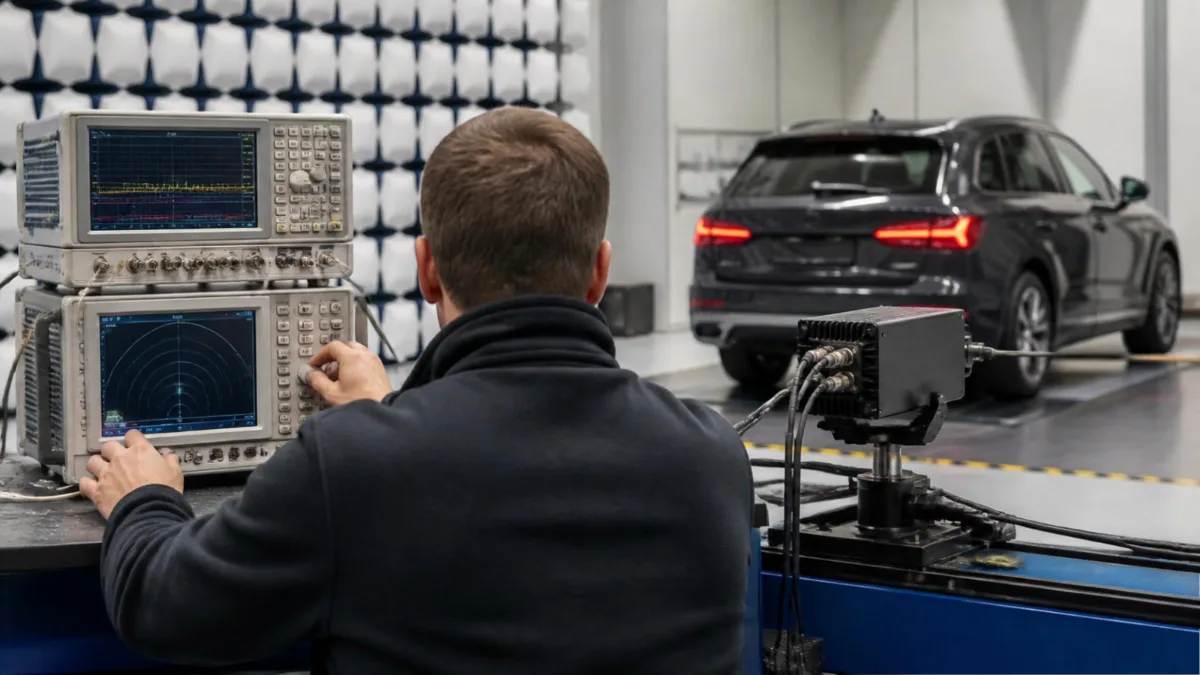 Tecnico al banco di prova mentre verifica uno strumento di misura della velocità