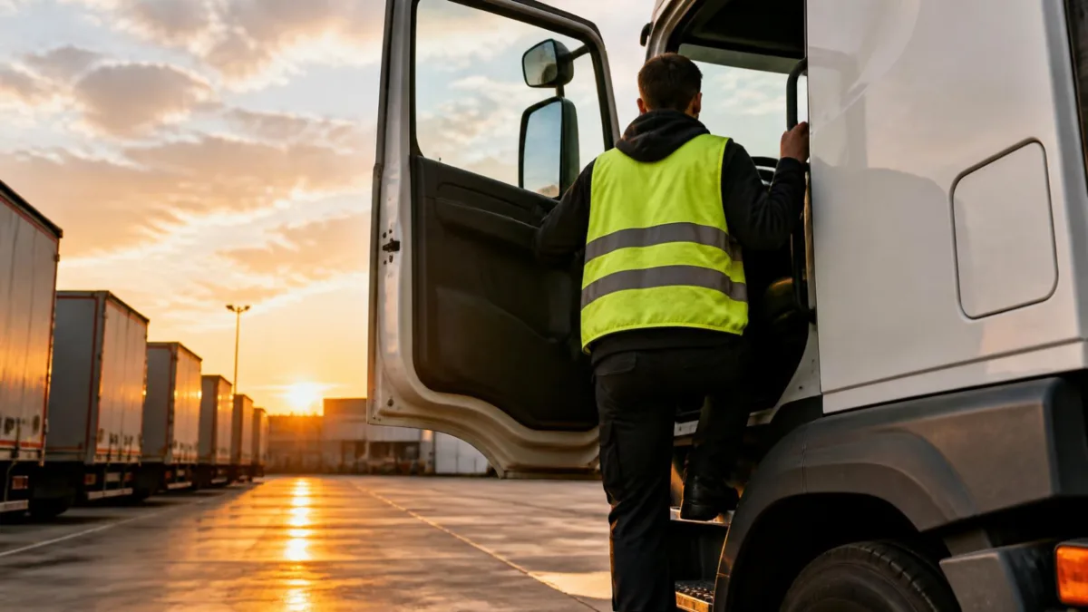 Giovane allievo sale nella cabina di un camion in un piazzale logistico all'alba