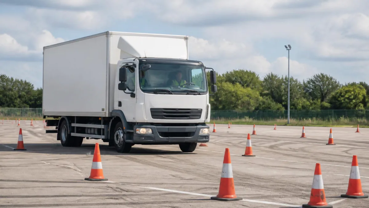 Camion scuola con doppi comandi su un'area di esercitazione con coni