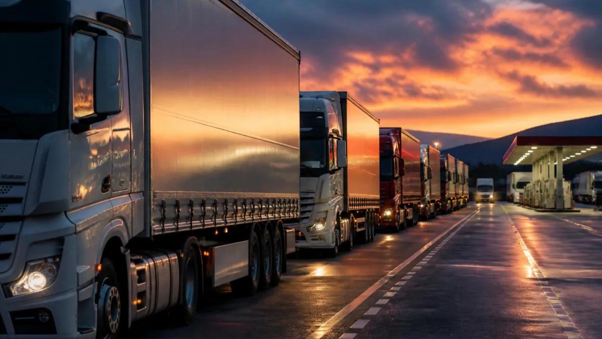 Fila di autoarticolati in un'area di servizio autostradale al tramonto