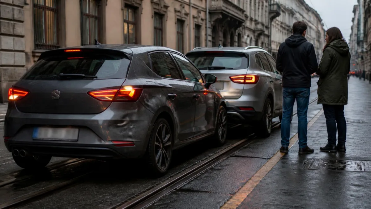 Tamponamento in città Due auto ferme dopo un leggero tamponamento in una via di Milano, con i conducenti di spalle sul marciapiede