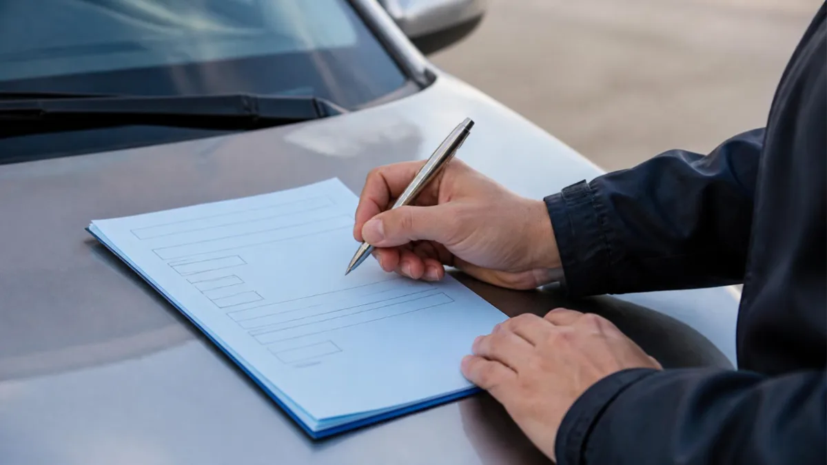 Mani con una penna su un modulo azzurro appoggiato sul cofano di un'auto grigia