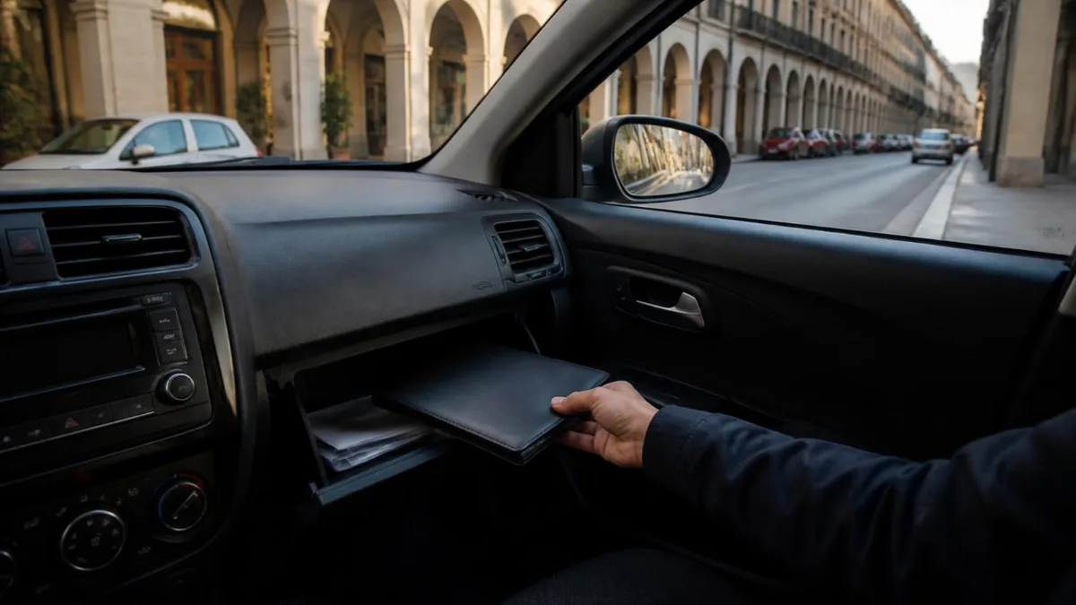 Mano che prende una cartellina portadocumenti dal vano portaoggetti di un'auto parcheggiata a Torino
