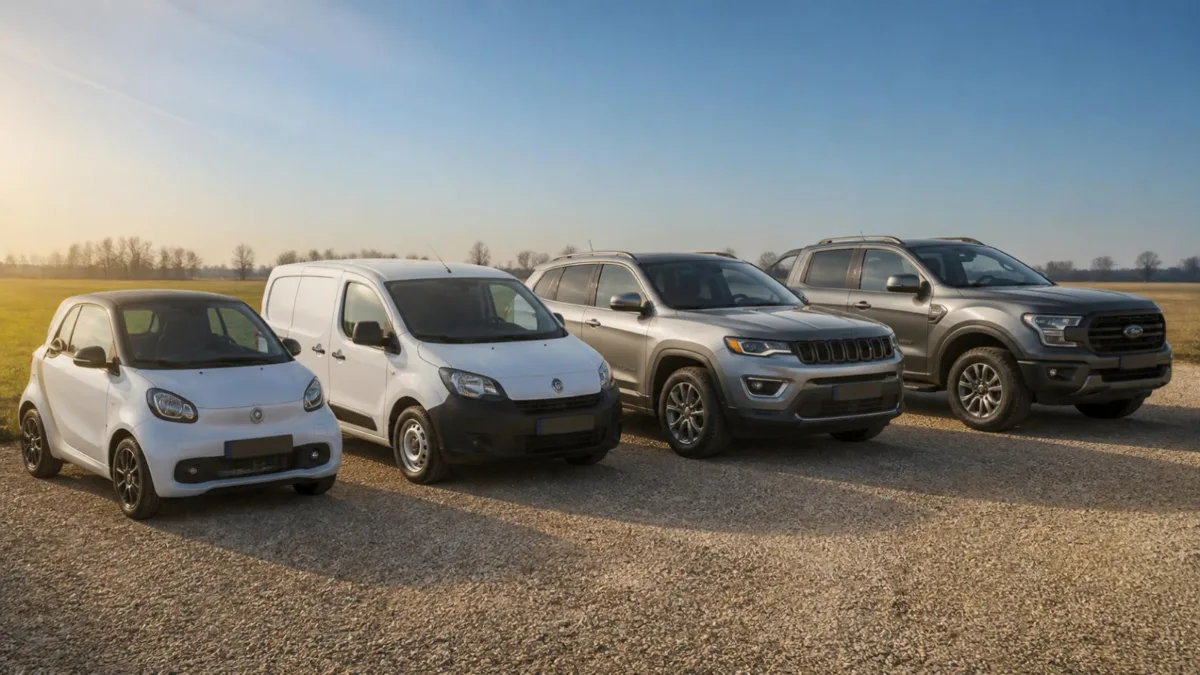 Utilitaria, furgone, SUV e pick-up parcheggiati affiancati all'aperto nella pianura emiliana
