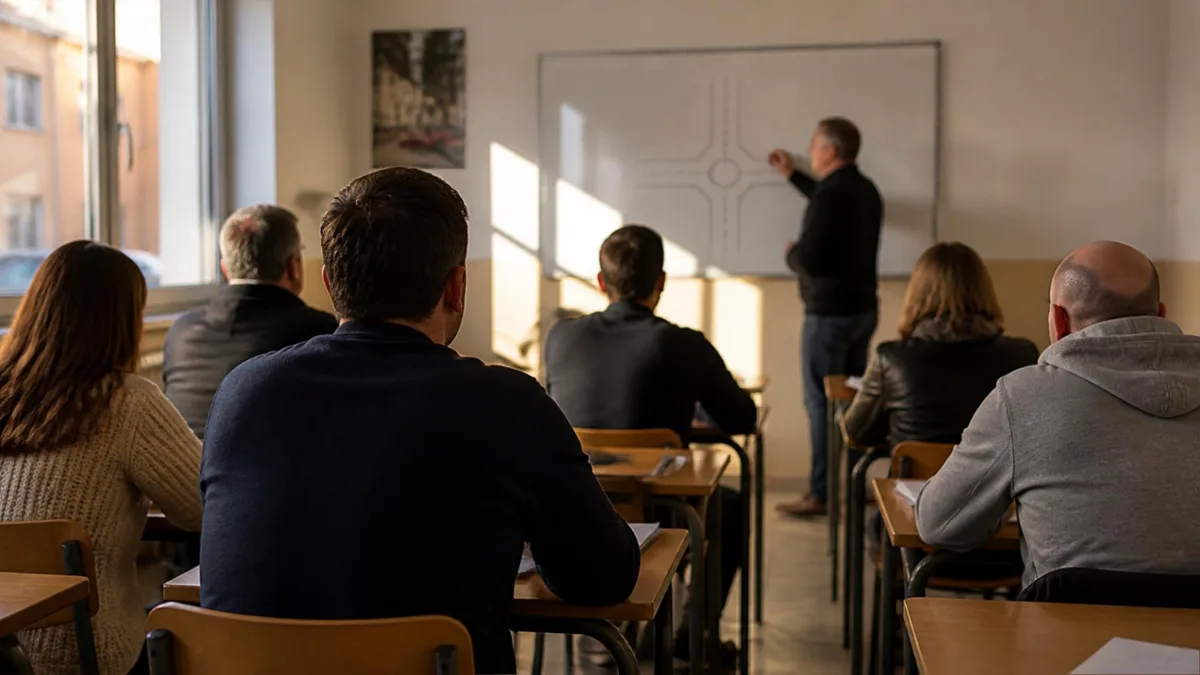 Aula di autoscuola Aula di autoscuola con allievi di spalle ai banchi e istruttore alla lavagna con uno schema di incrocio