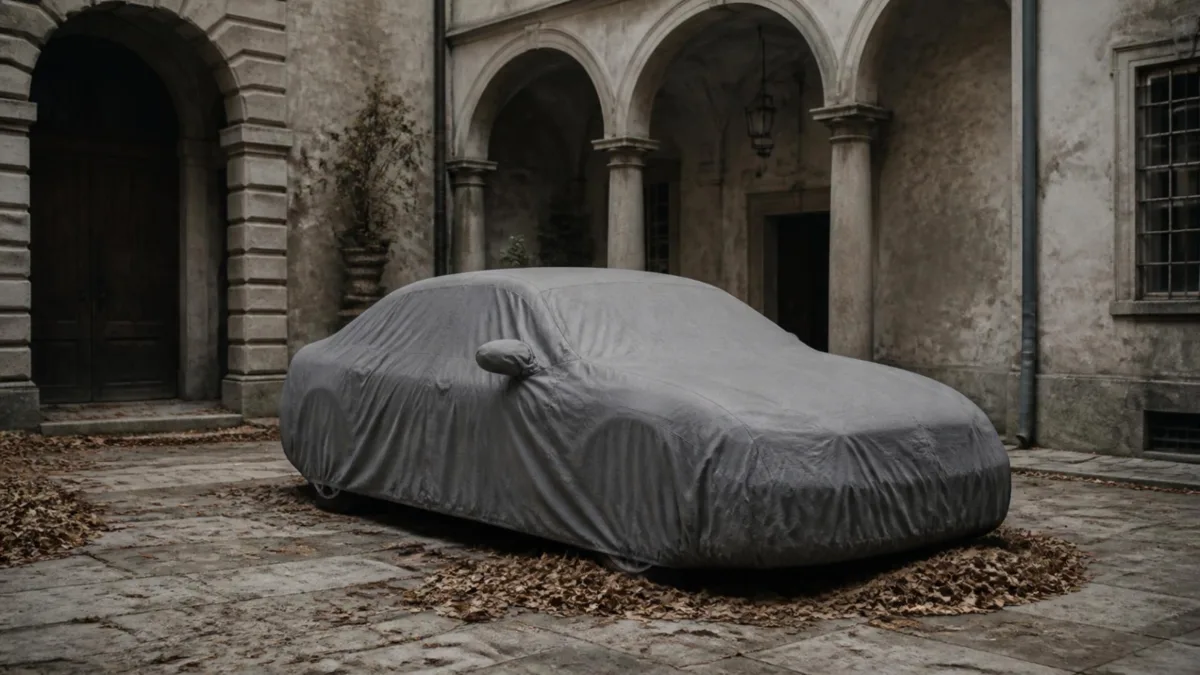 Auto ferma sotto il telo Auto coperta da un telo grigio ferma nel cortile di un palazzo italiano, con foglie secche attorno alle ruote