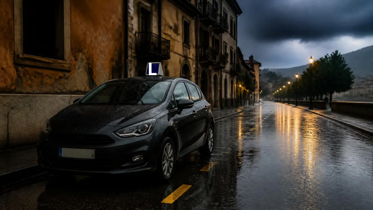 Auto di scuola guida parcheggiata sotto la pioggia battente in una strada italiana