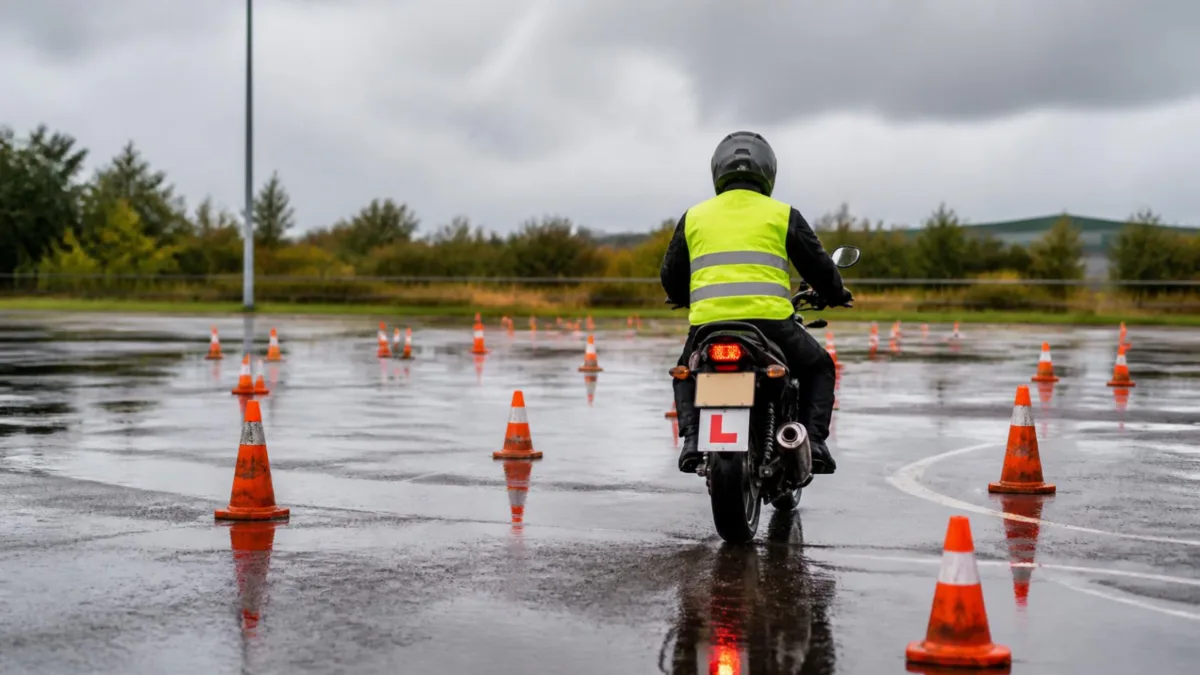 Moto per esame di guida su un piazzale bagnato con coni di manovra