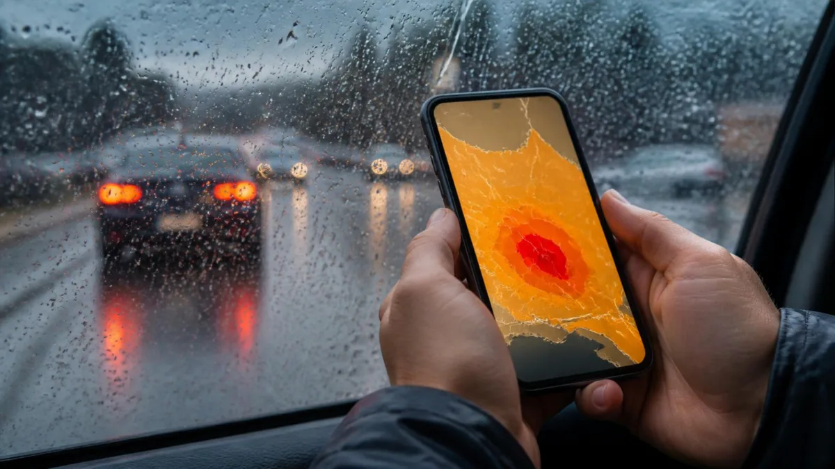 Smartphone con mappa di allerta meteo arancione e rossa accanto a una finestra bagnata