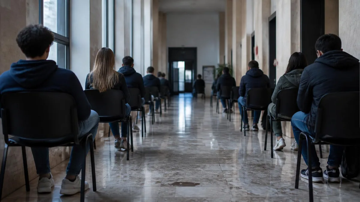 Attesa prima dell’esame di teoria Candidati seduti di spalle in attesa nel corridoio di un ufficio pubblico, luce fredda del mattino