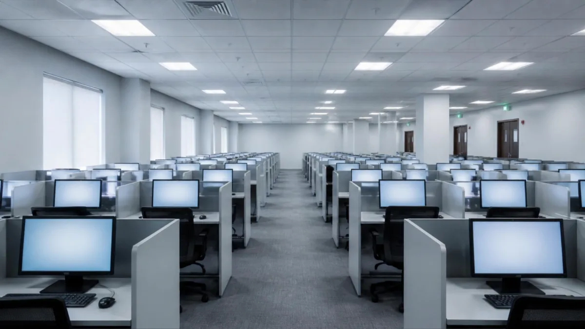 Aula d'esame vuota con file di postazioni computer separate da pannelli divisori