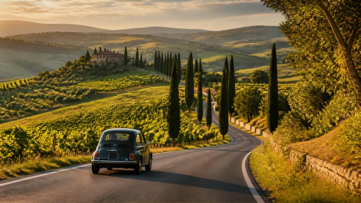 Colline toscane al tramonto Piccola auto su una strada tortuosa tra le colline toscane al tramonto, con cipressi e vigneti