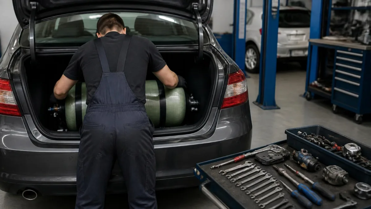 Meccanico installa un serbatoio GPL nel bagagliaio di un'auto in officina
