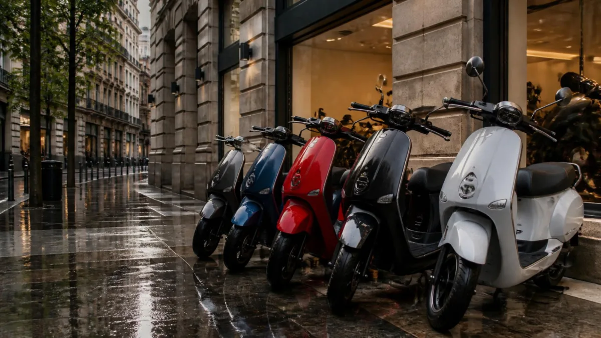 Scooter elettrici allineati davanti a un negozio in una via di città