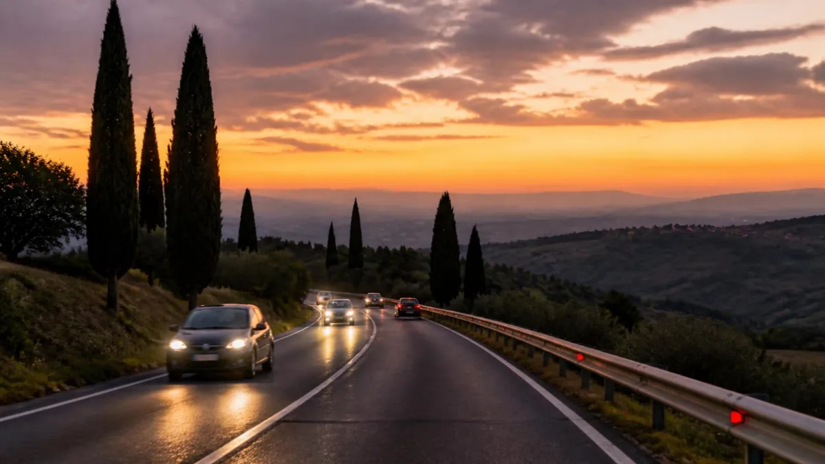 Strada extraurbana italiana al tramonto con auto a fari accesi