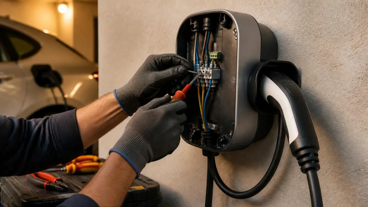 Elettricista installa una wallbox per la ricarica domestica