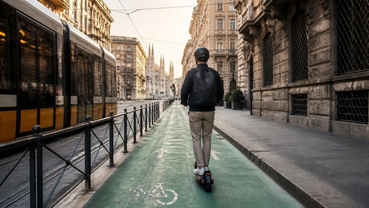 Monopattino in pista ciclabile Persona con casco su un monopattino elettrico, vista di spalle, in una pista ciclabile di Milano al mattino