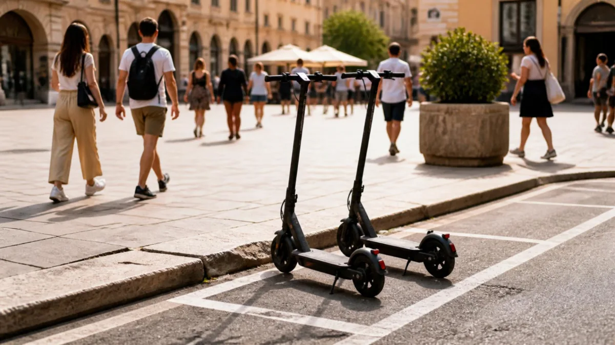 Due monopattini elettrici parcheggiati in uno stallo a bordo strada accanto a una piazza, marciapiede libero