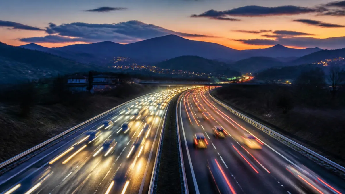 nuovo-codice-della-strada-2026-cosa-cambia-cover Autostrada italiana al tramonto con traffico intenso