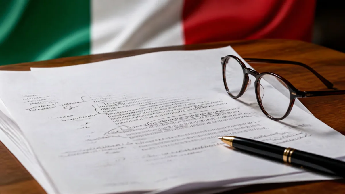 Bozza di testo normativo con appunti a margine su una scrivania