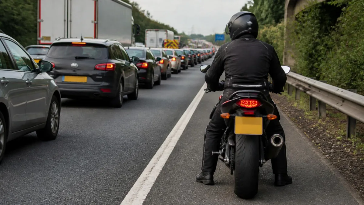 Motociclista fermo in coda in autostrada accanto alla corsia di emergenza