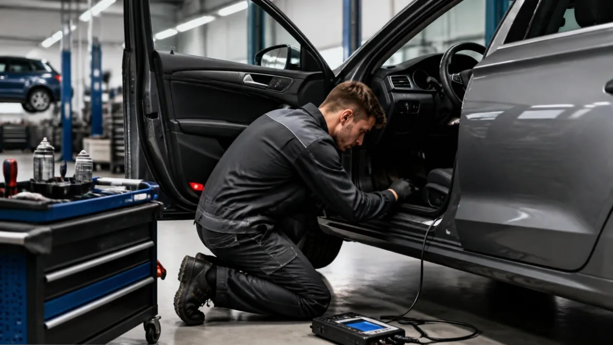 Tecnico al lavoro sulla plancia di un veicolo in officina