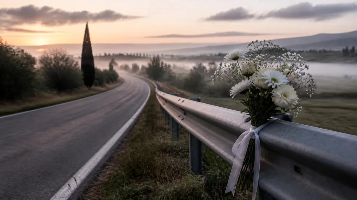 Fiori sul guardrail all’alba Mazzo di fiori bianchi legato a un guardrail lungo una strada di campagna deserta all'alba, tra la nebbia